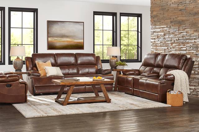 Montefano Brown Leather 7 Pc Reclining Living Room - Thumbnail - Image 1