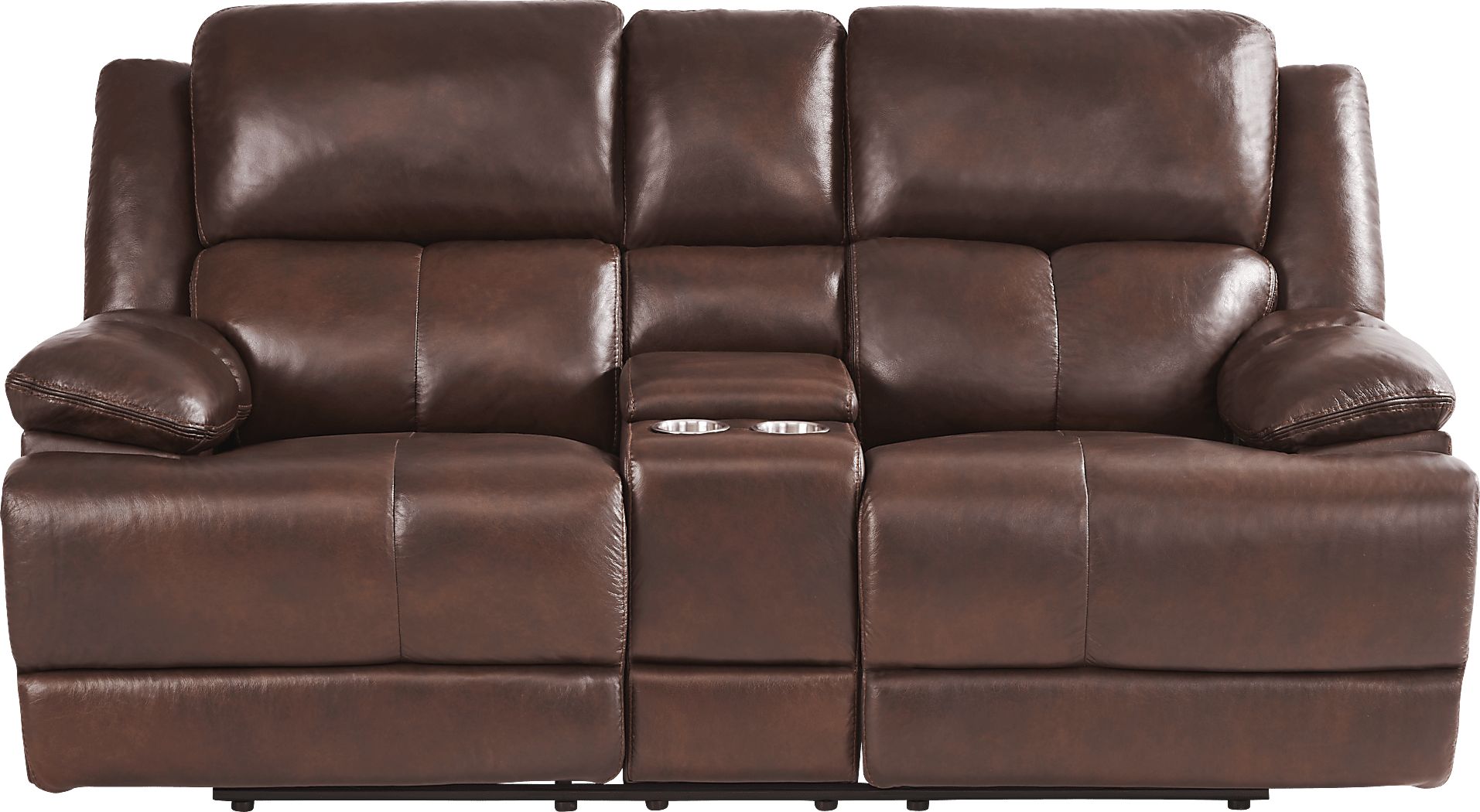 Montefano Brown Leather Reclining Console Loveseat