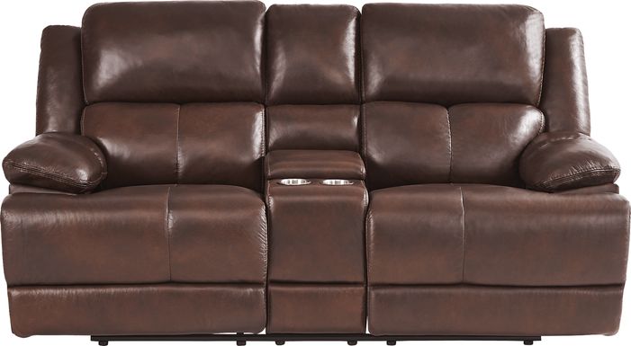 Montefano Brown Leather Reclining Console Loveseat