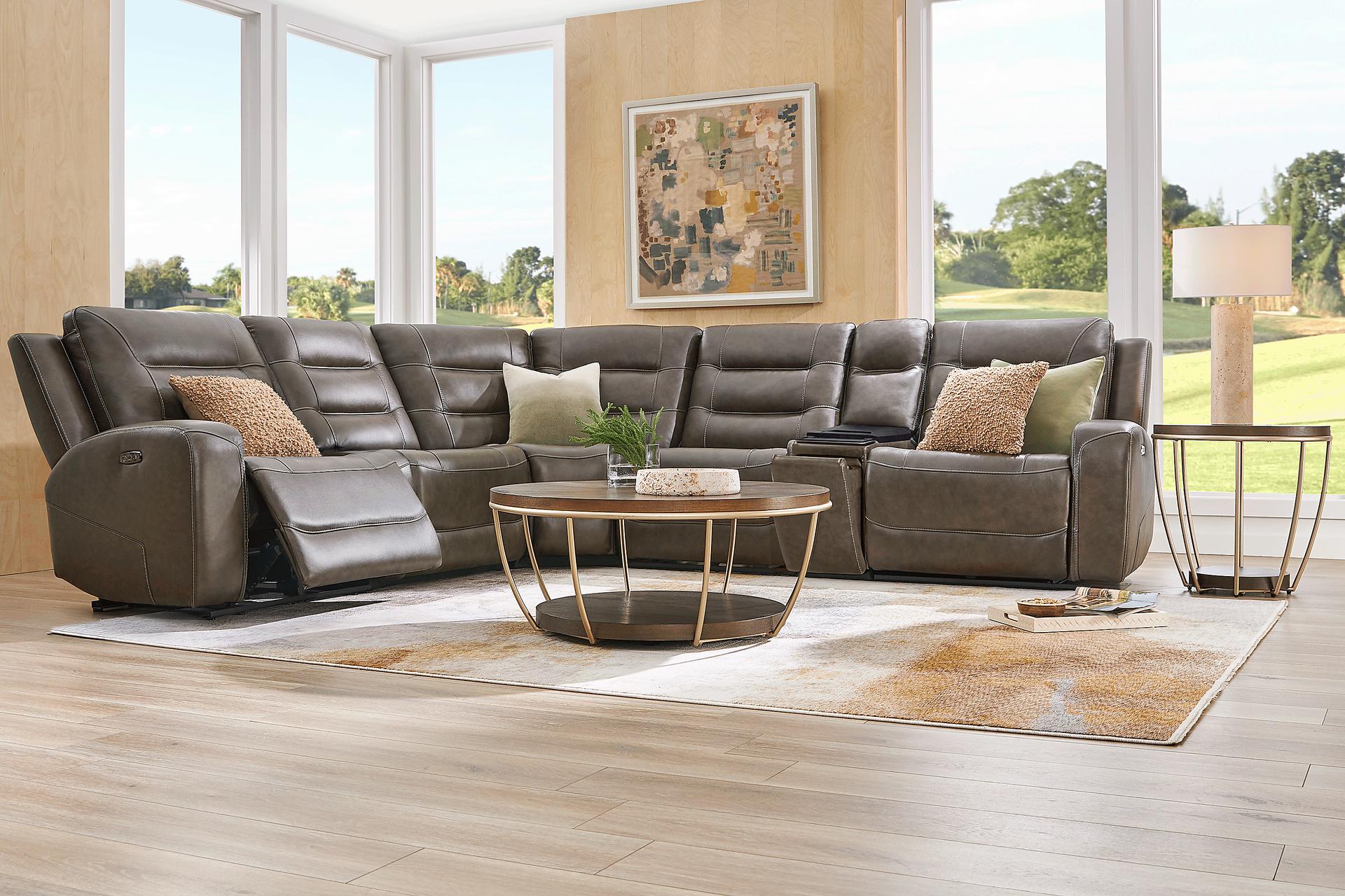 Montero Charcoal Leather 6 Pc Dual Power Reclining Sectional