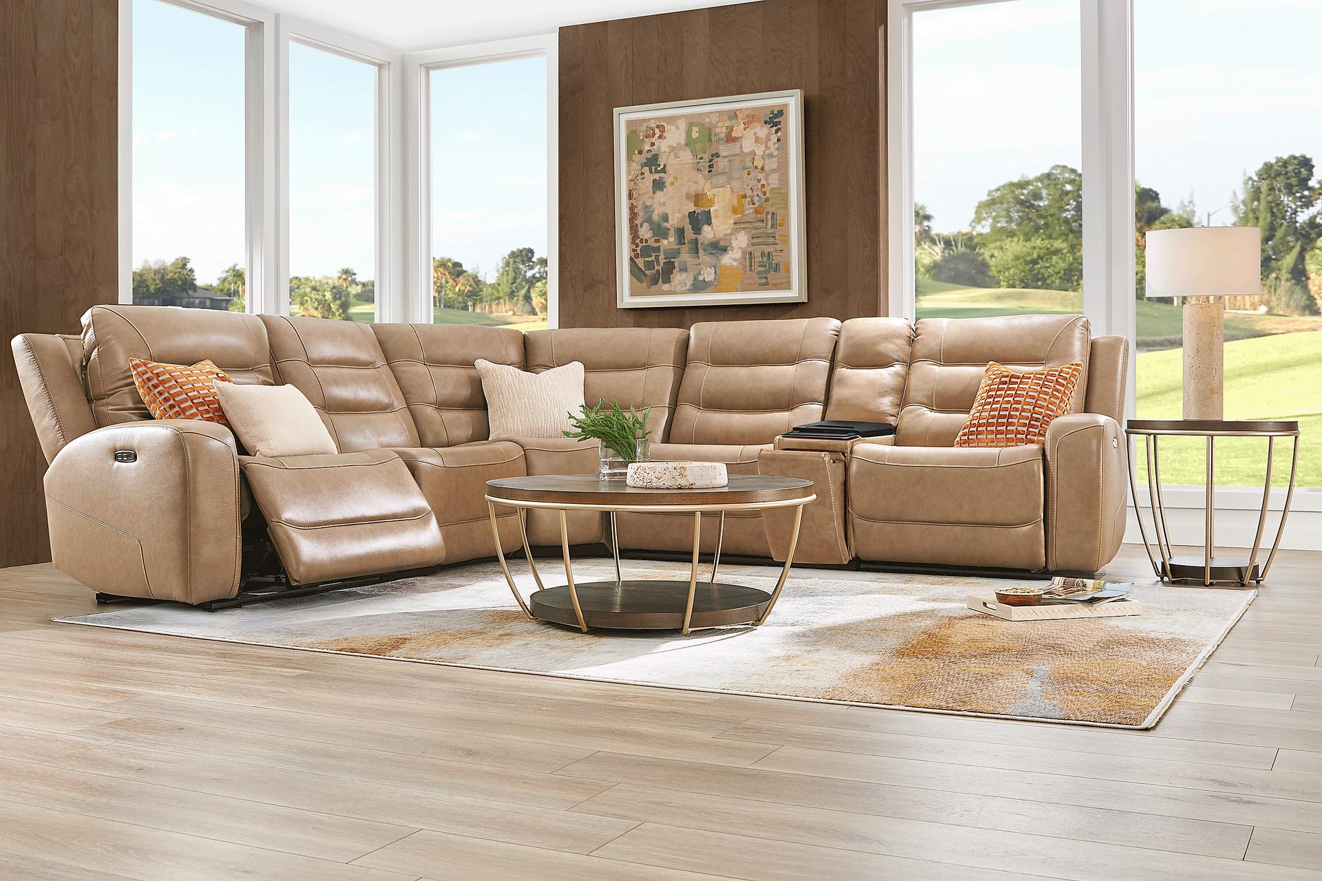 Montero Sand Leather 6 Pc Dual Power Reclining Sectional