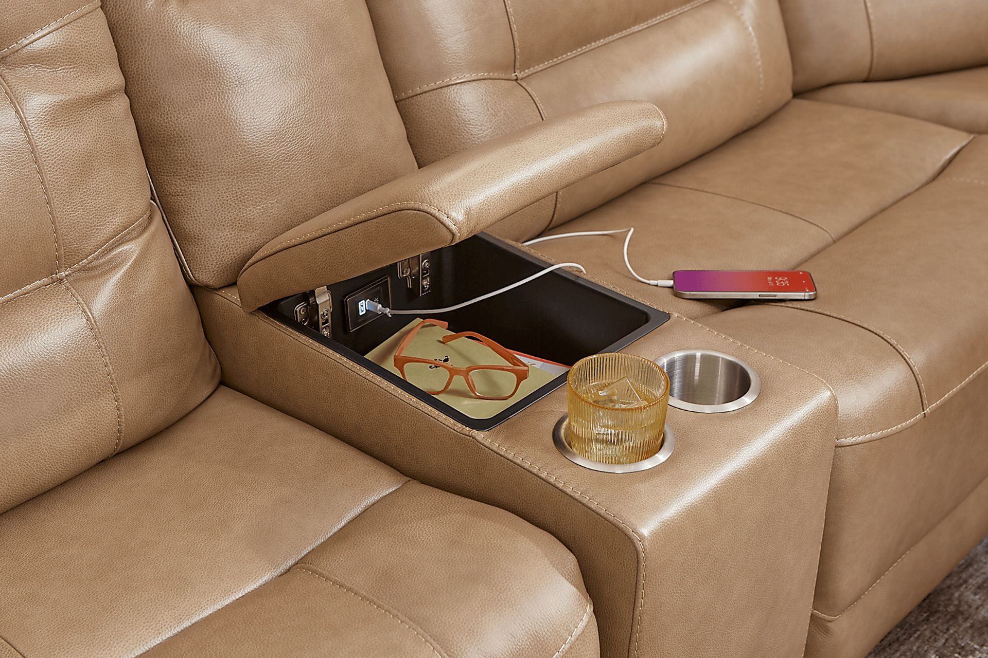 Montero Sand Leather 7 Pc Dual Power Reclining Sectional - Image 10