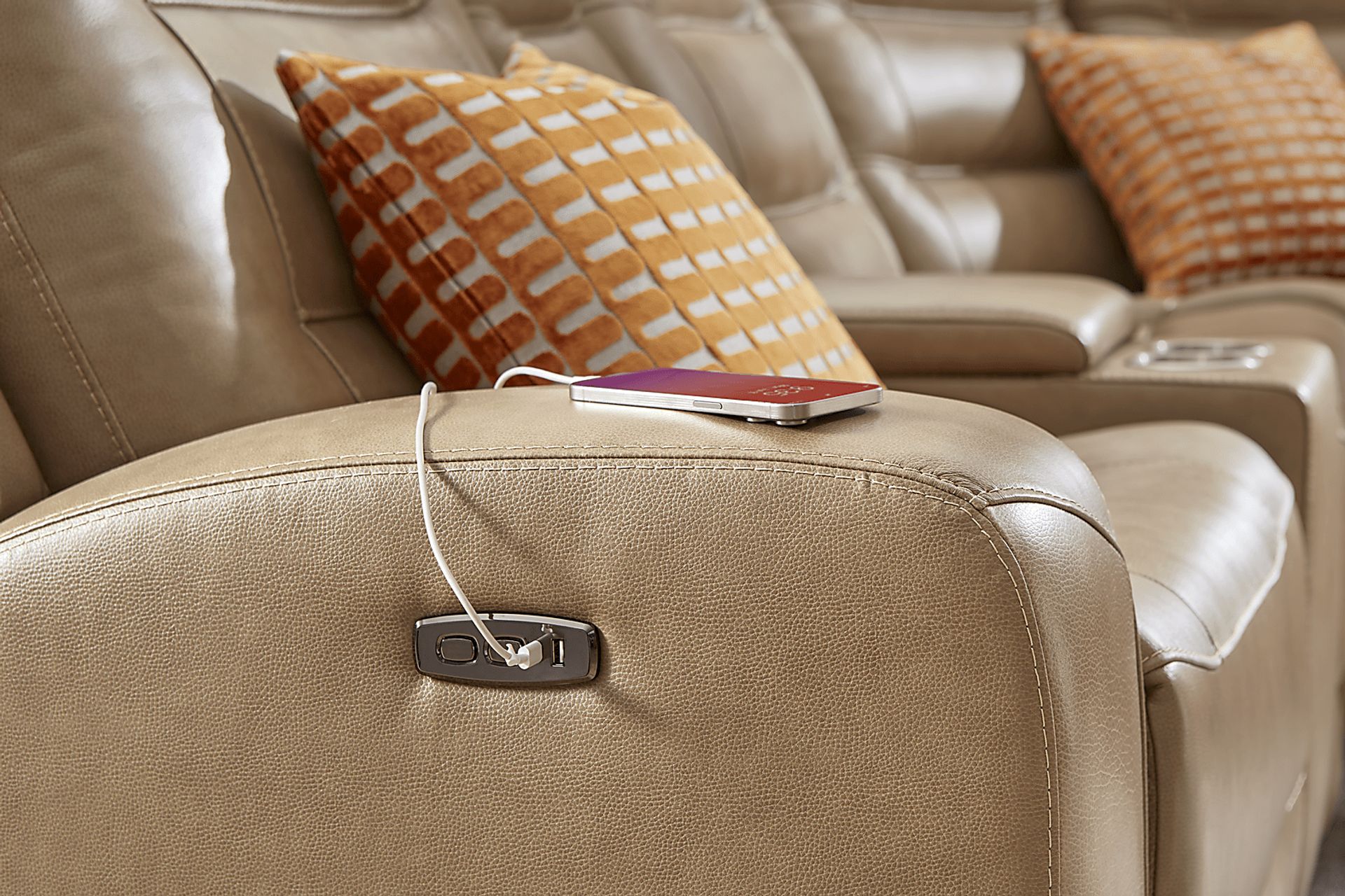 Montero Sand Leather 7 Pc Dual Power Reclining Sectional - Image 9
