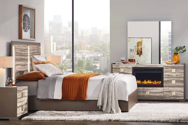 Monterosso Tan 6 Pc King Panel Bedroom with Electric Fireplace - Thumbnail - Image 1