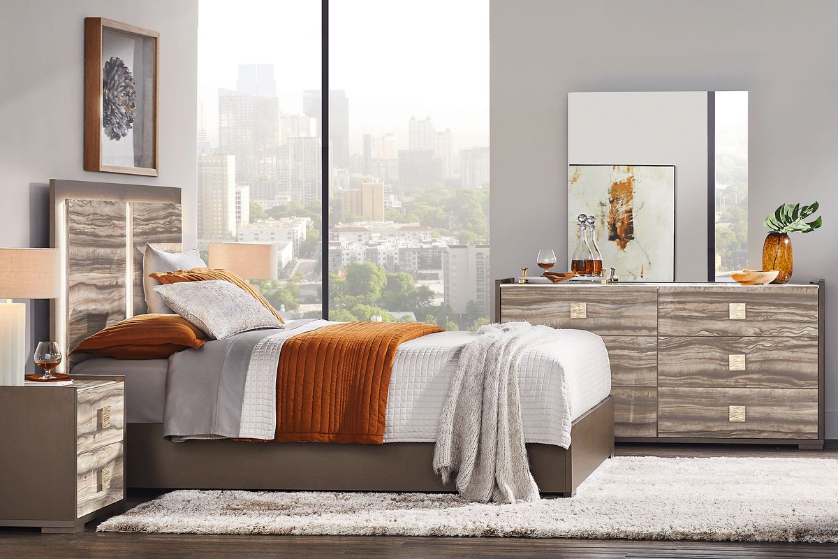 Monterosso 6 Pc Tan Light Wood Queen Bedroom Set With Dresser, Mirror