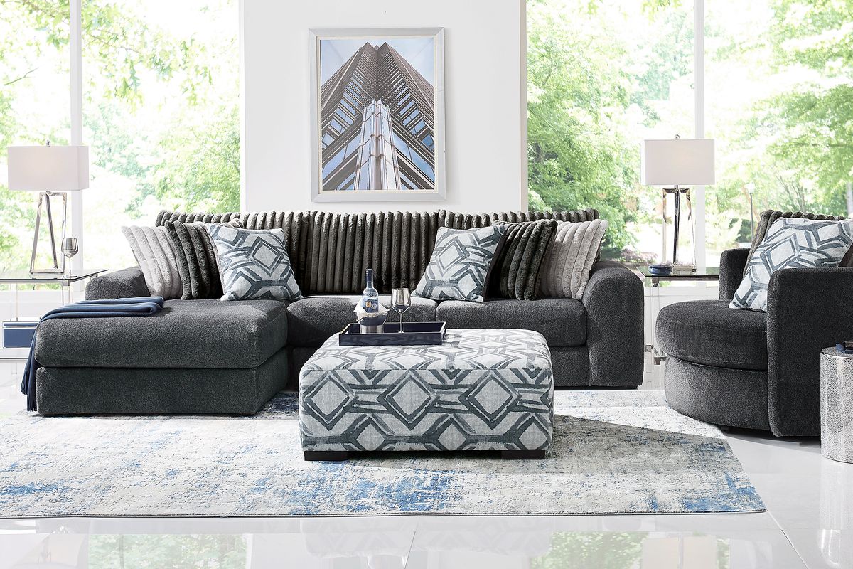 Moreau Street 6 Pc Black Polyester Fabric Living Room Set With Ottoman ...