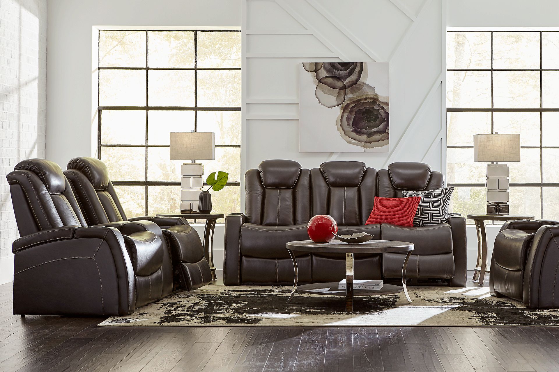 Moretti Brown Leather 7 Pc Dual Power Reclining Living Room - Image 1