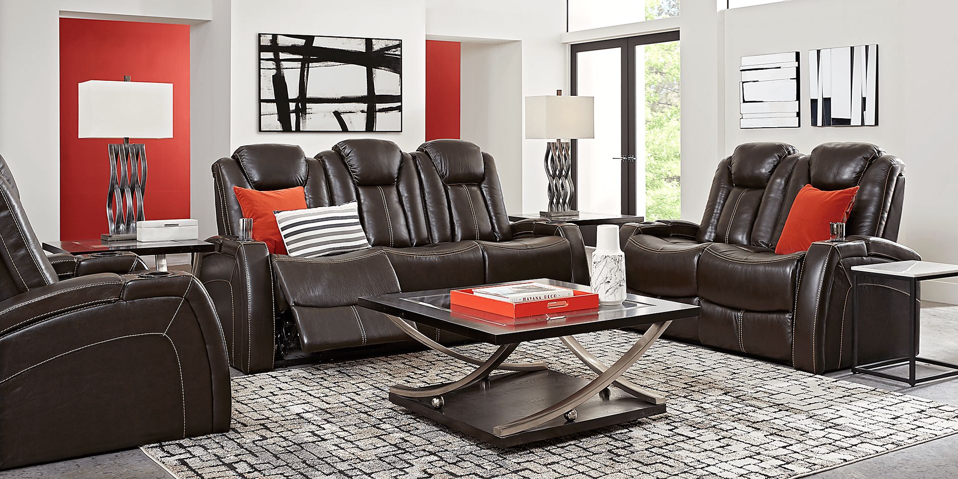 Moretti Chocolate Leather 7 Pc Living Room with Dual Power Reclining Sofa - Image 1