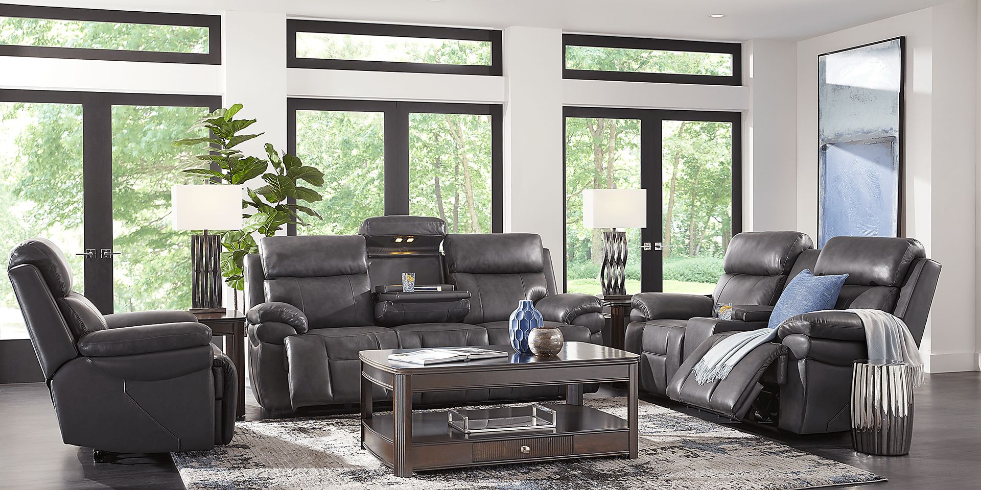Morisano Gray Leather 8 Pc Triple Power Reclining Living Room with Air Massage - Image 2