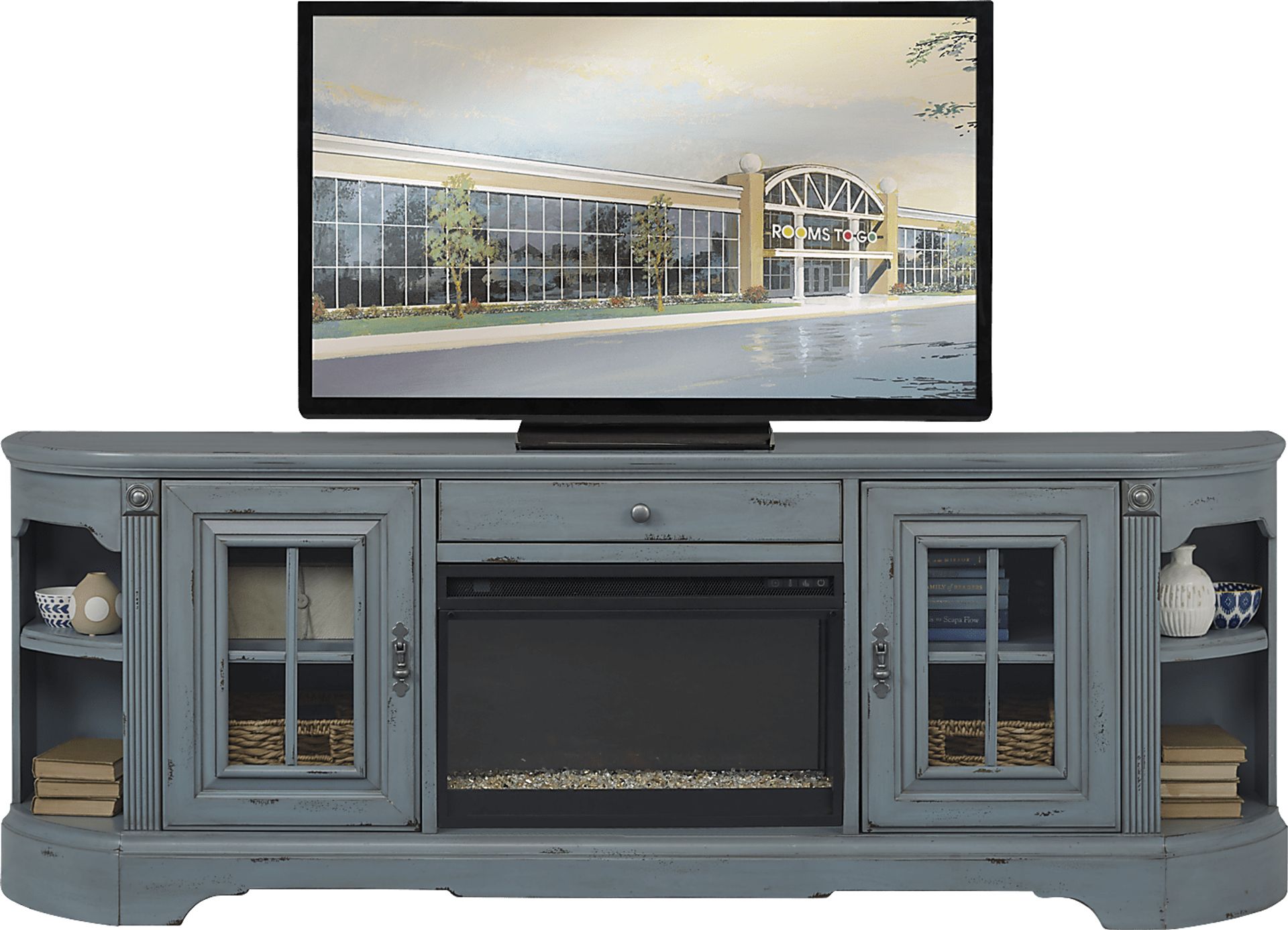 Mountain Bluff II Blue 88 in. Console with Electric Fireplace - Image 2