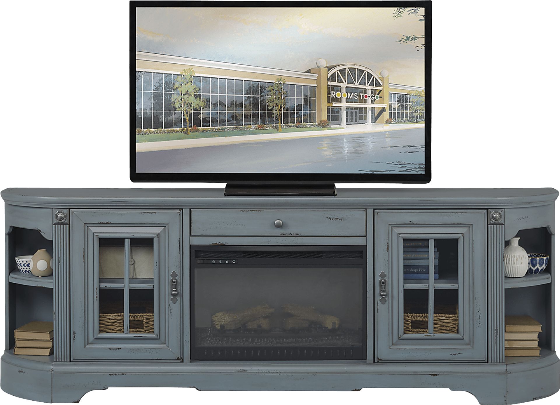 Mountain Bluff II Blue 88 in. Console with Electric Log Fireplace - Image 2