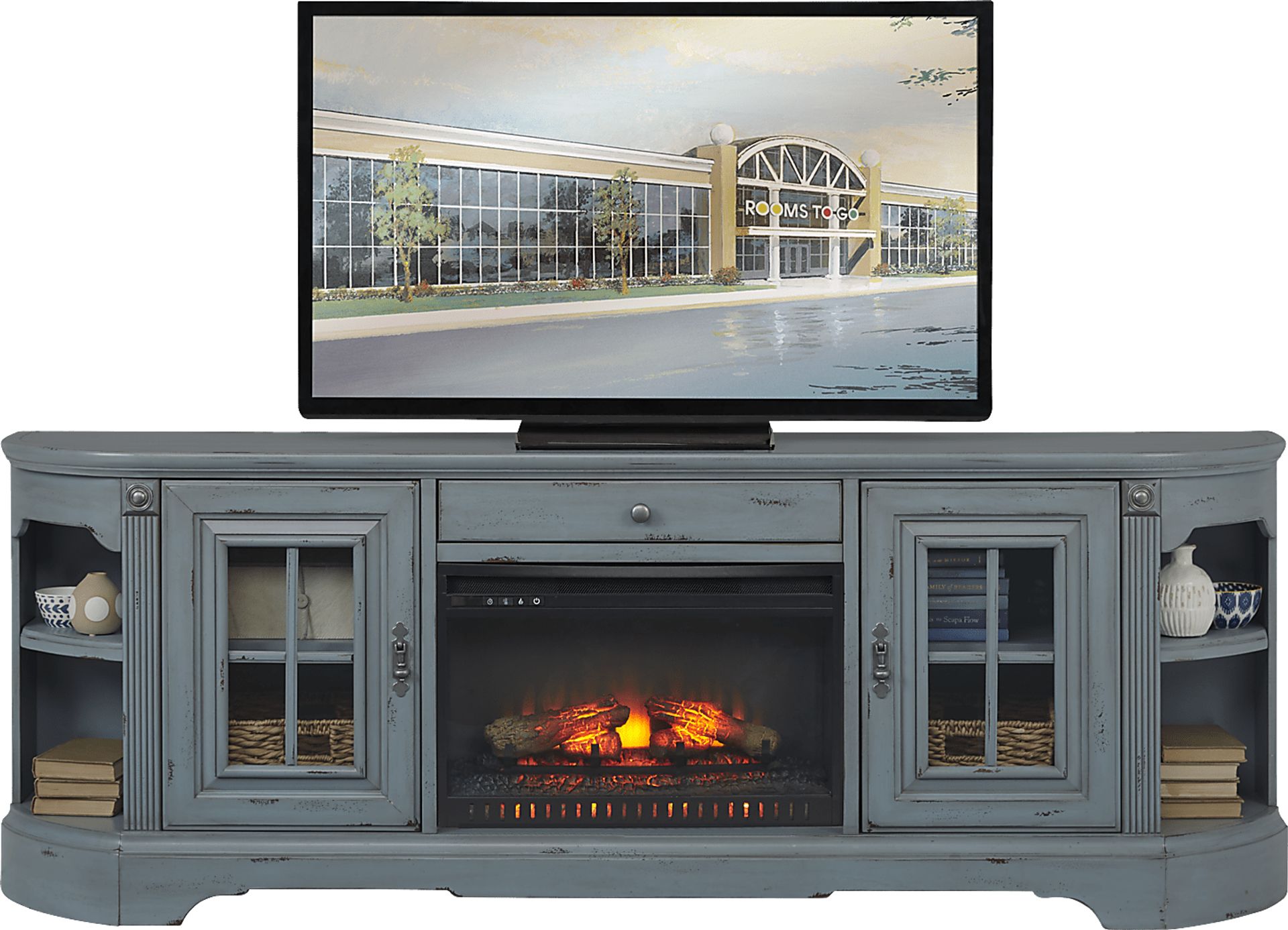 Mountain Bluff II Blue 88 in. Console with Electric Log Fireplace - Image 1