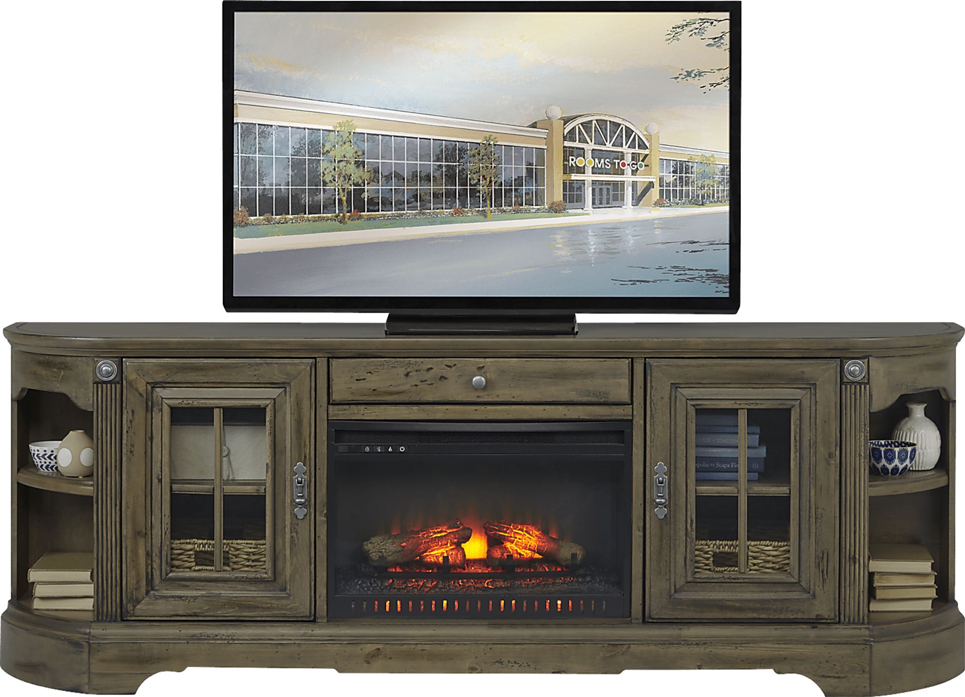 Mountain Bluff II Hickory 88 in. Console with Electric Log Fireplace - Image 1