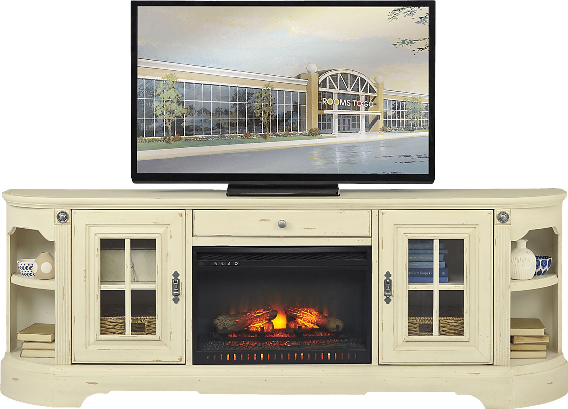 Mountain Bluff II White 88 in. Console with Electric Log Fireplace - Image 1