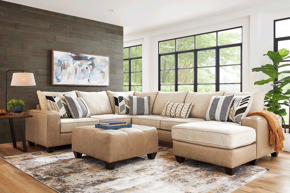 Murphy 6 Pc Beige Woven Living Room Set With 3 Pc Right Arm Chaise ...