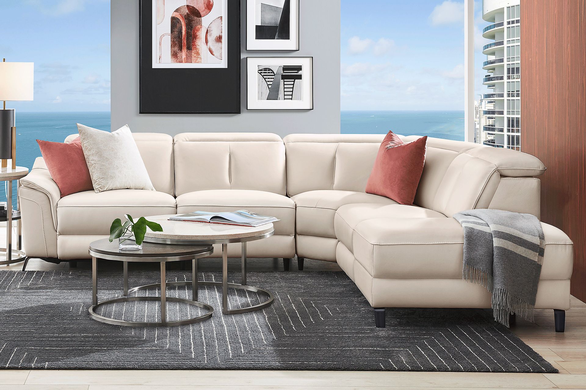 Naples Ivory Leather 5 Pc Dual Power Reclining Sectional - Image 2