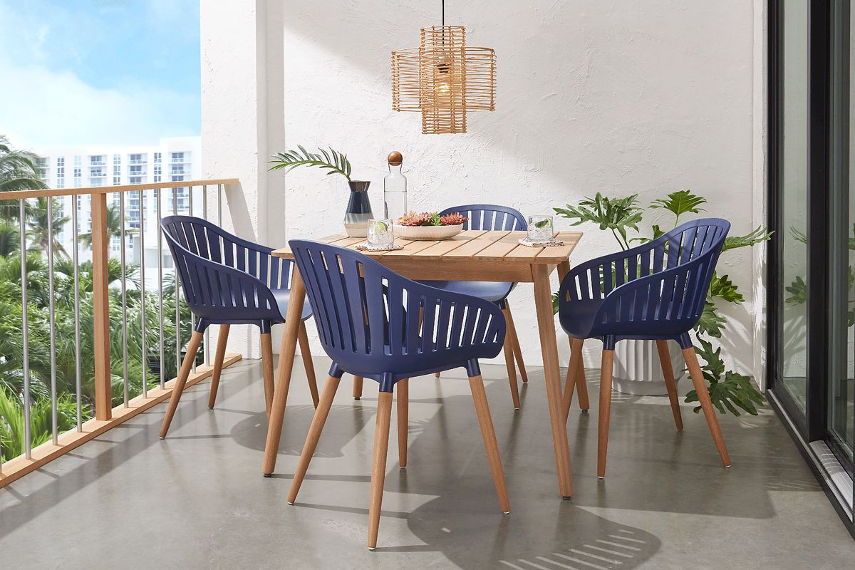 Nassau 5 Pc Light Wood Fruitwood Blue Outdoor Dining Set With Side