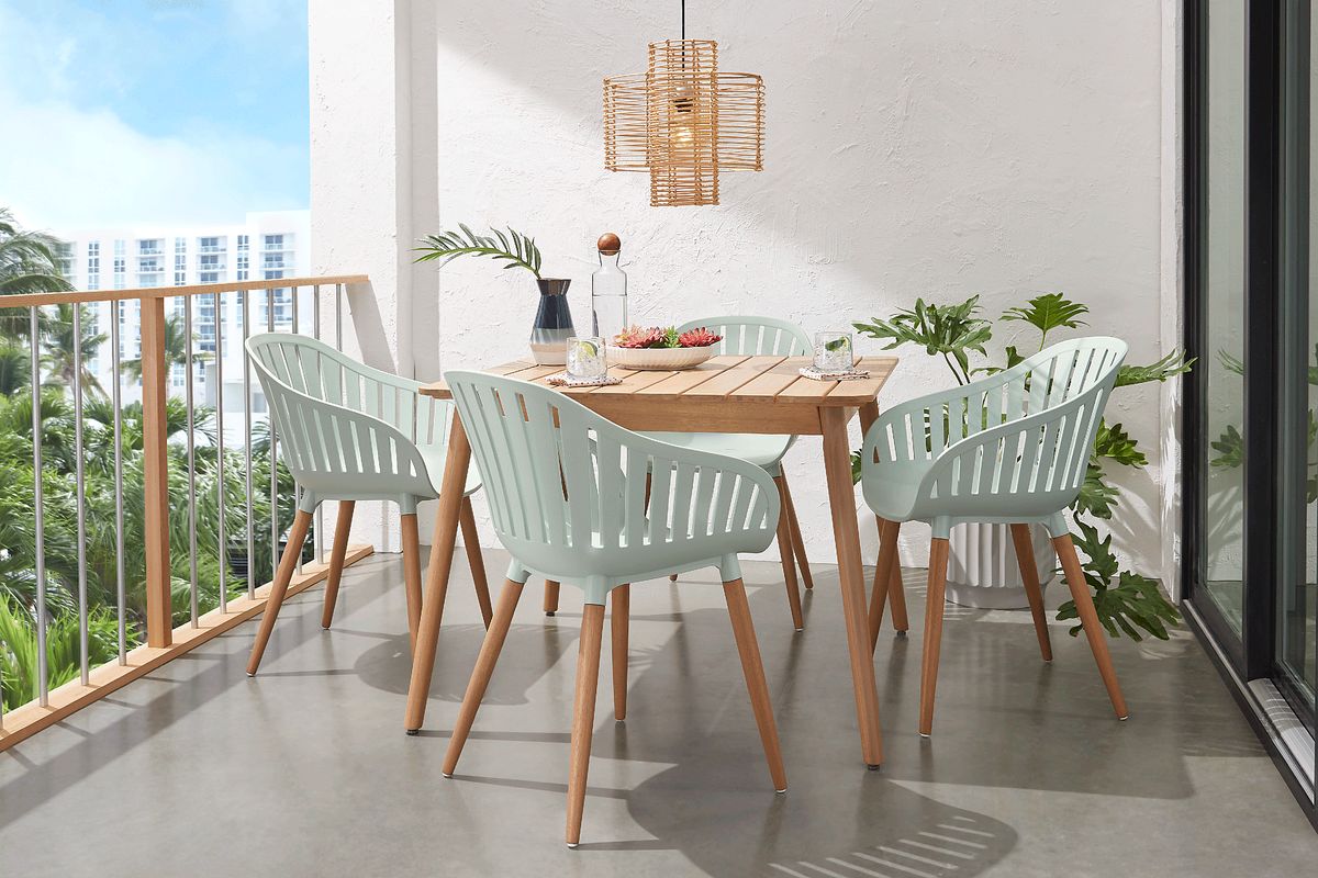 Nassau 5 Pc Light Wood Fruitwood Green Outdoor Dining Set With Side