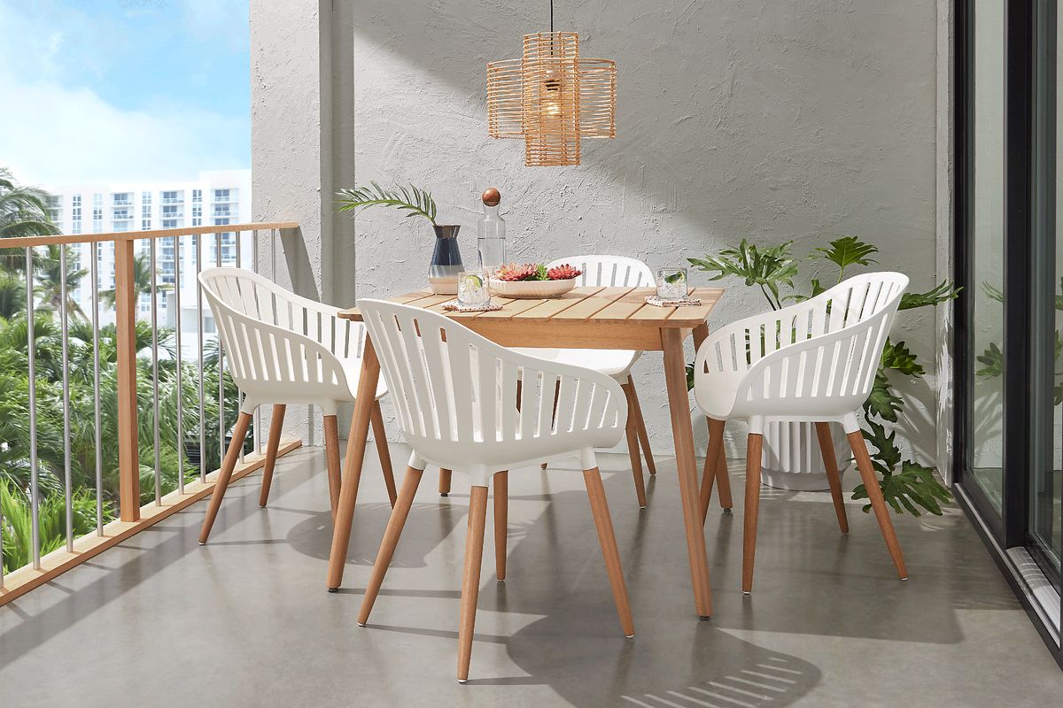 Nassau 5 Pc Light Wood Fruitwood White Outdoor Dining Set With Side