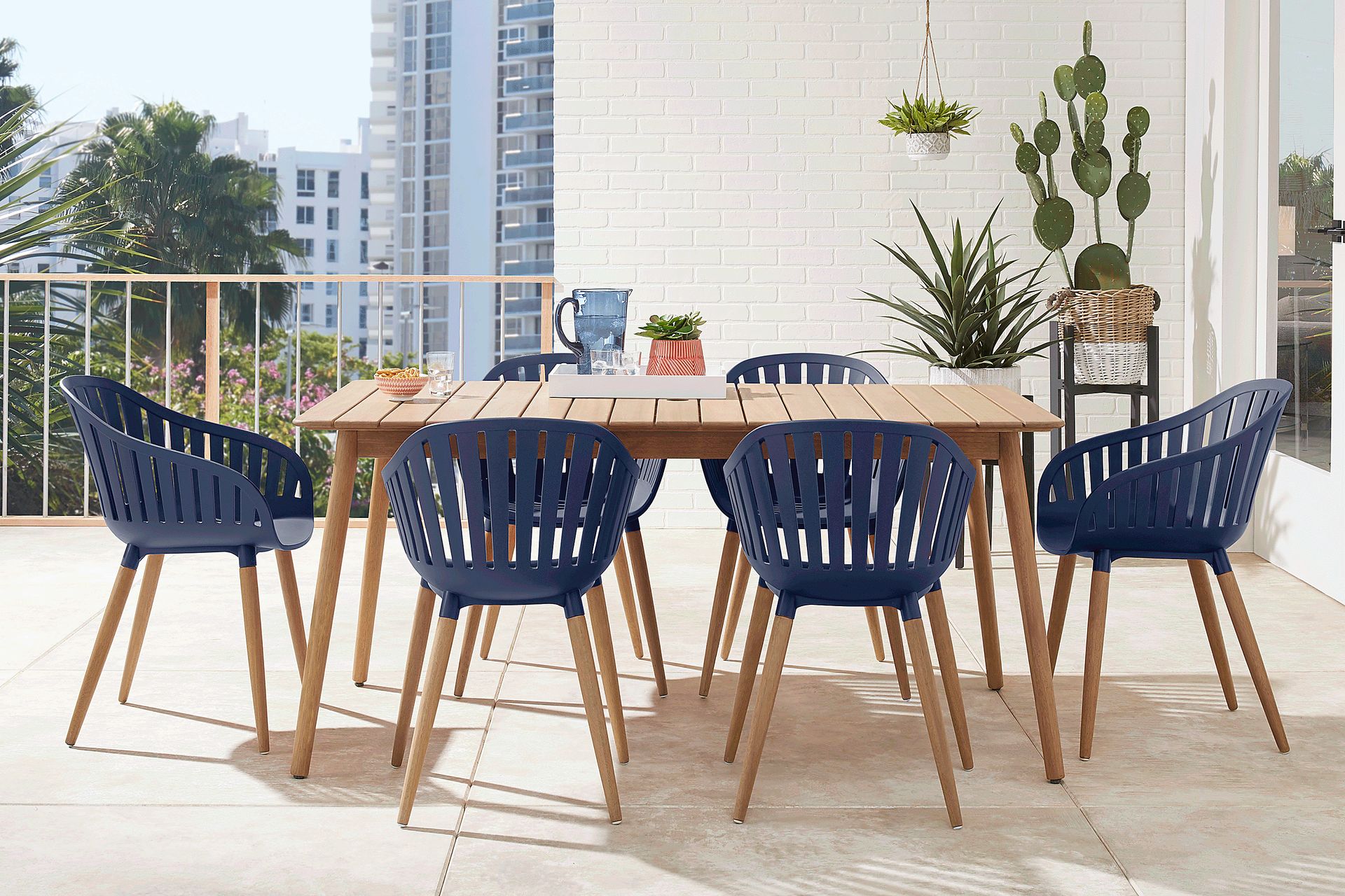 Nassau 7 Pc Rectangle Outdoor Dining Set with Blue Chairs - Image 1