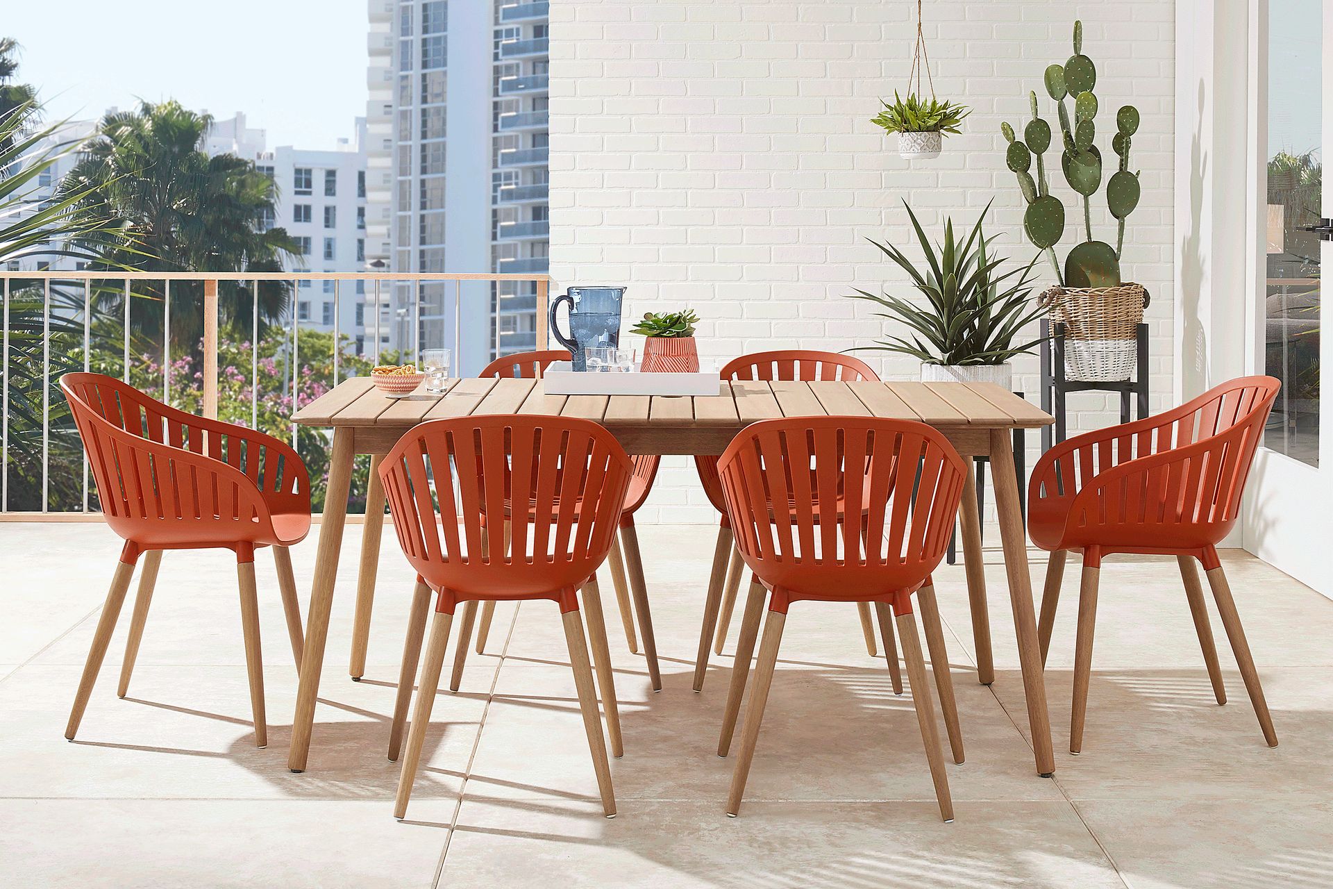 Nassau 7 Pc Rectangle Outdoor Dining Set with Orange Chairs - Image 1
