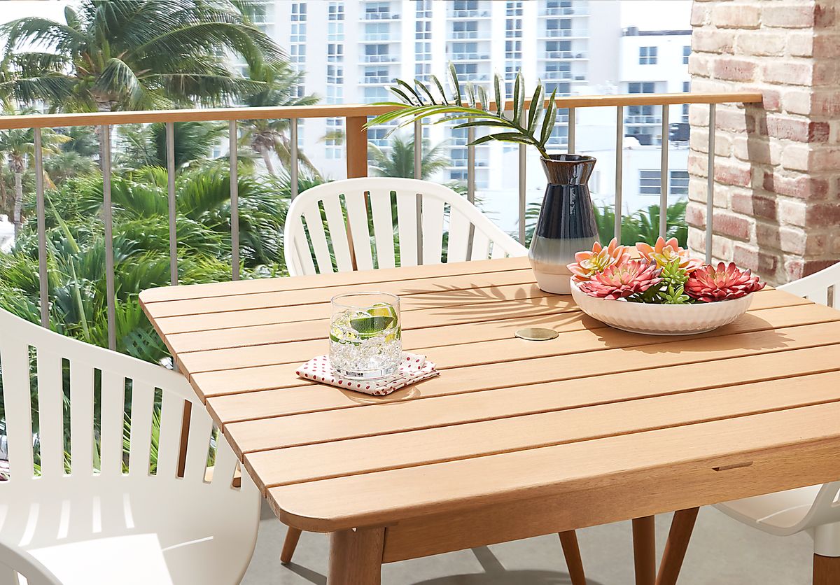 Nassau 5 Pc Light Wood Fruitwood Blue Outdoor Dining Set With Side