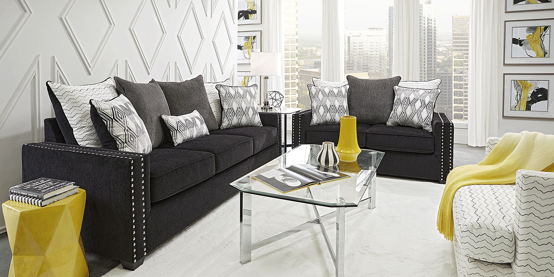 Natalia 5 Pc Black Polyester Fabric Living Room Set With Sofa