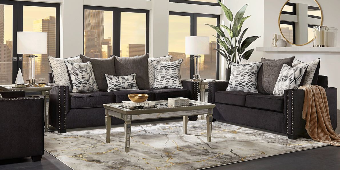 Natalia 5 Pc Black Polyester Fabric Living Room Set With Sofa, Loveseat ...