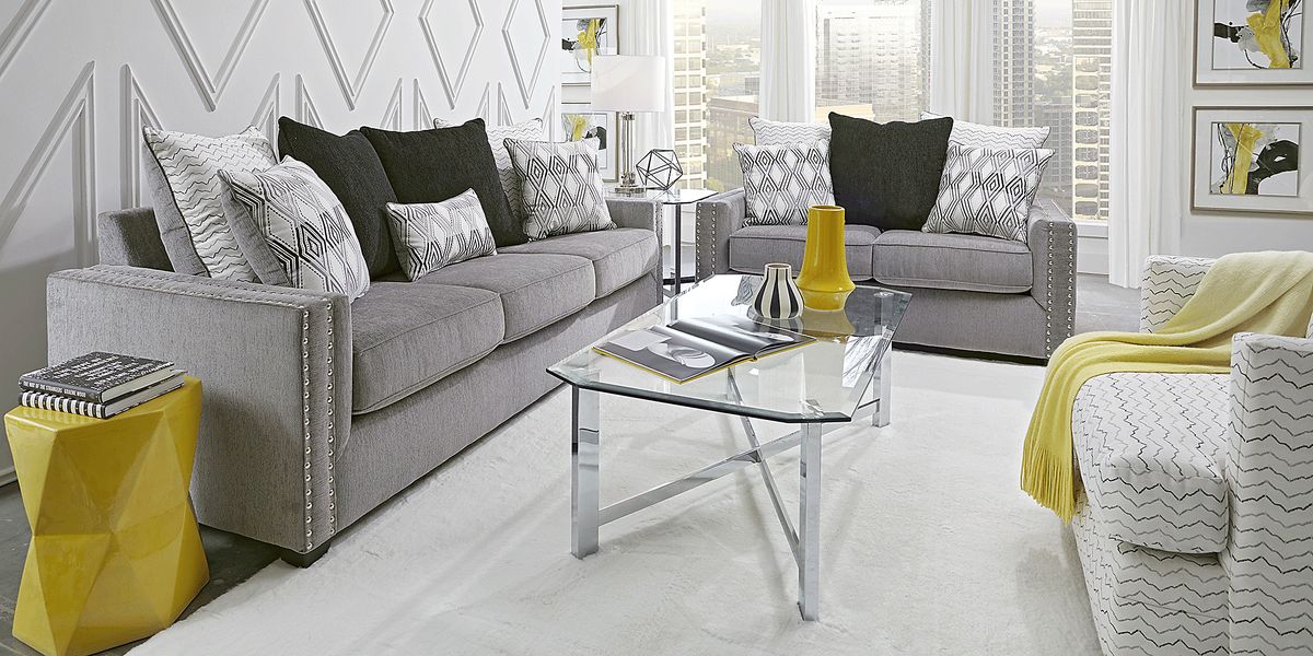 Natalia 5 Pc Gray Polyester Fabric Living Room Set With Sofa, Loveseat ...