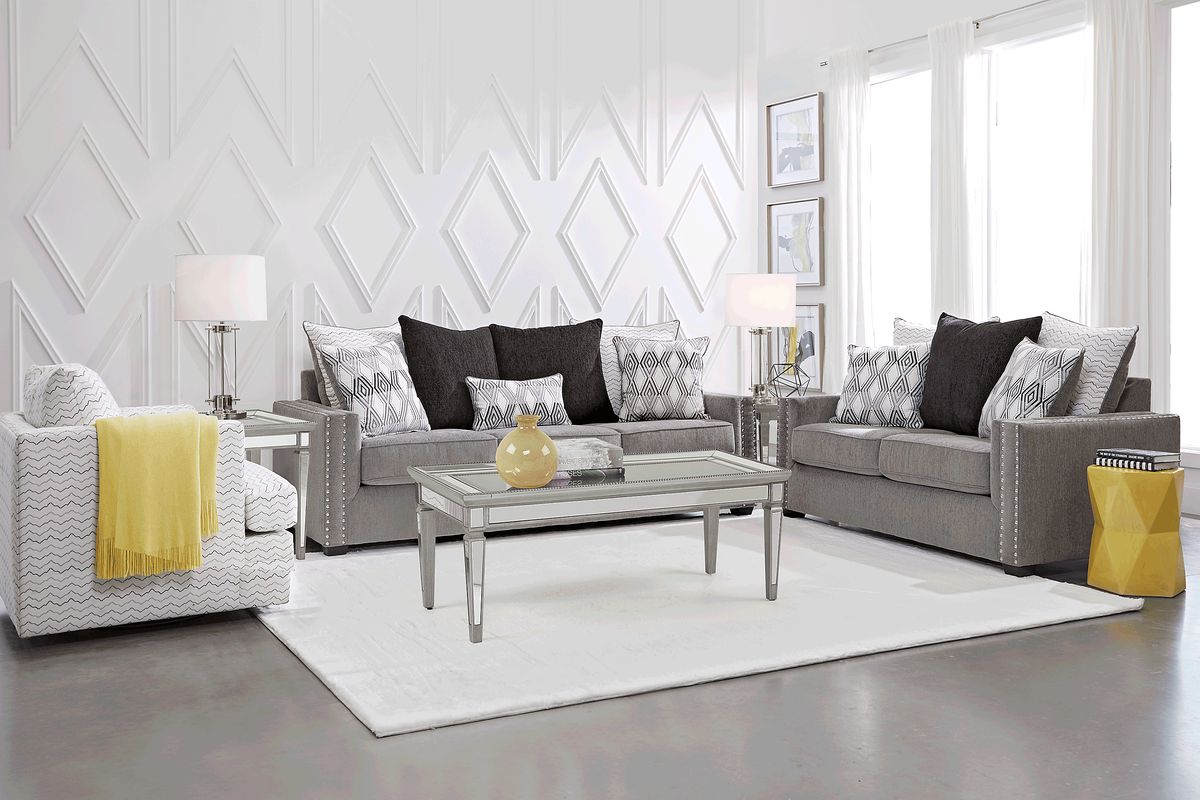 Natalia 5 Pc Gray Polyester Fabric Living Room Set With Sofa, Loveseat