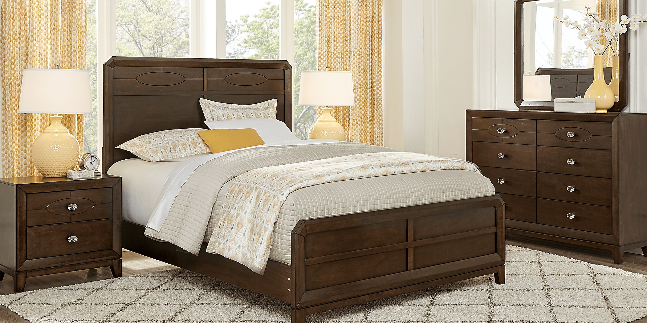 New Haven 7 Pc Merlot Dark Wood Queen Bedroom Set With Dresser, Mirror, 3  Pc Queen Panel Bed, Nightstand