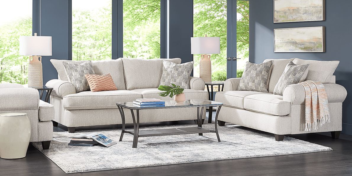 Newcastle 3 Pc Ivory Beige Chenille Fabric Living Room Set With Sofa ...