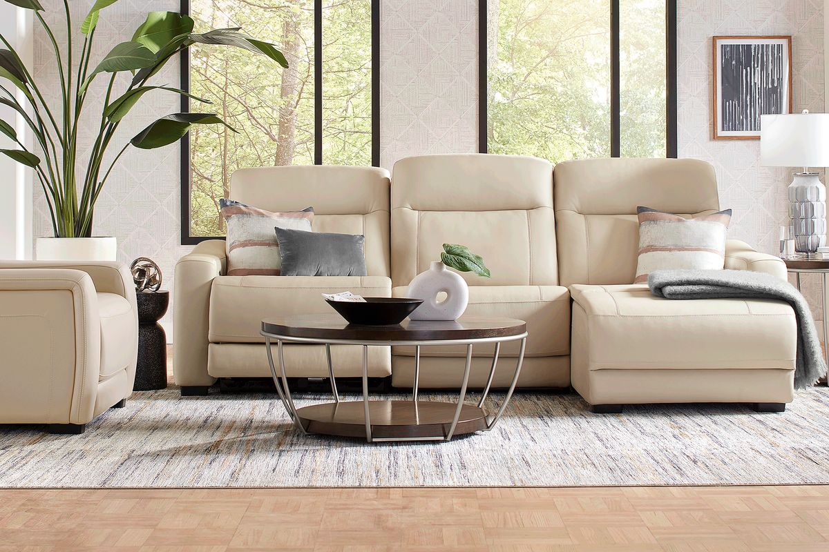 Drew & Jonathan Newport Almond Beige Leather 3 Pc With Chaise Right Dual Power Reclining