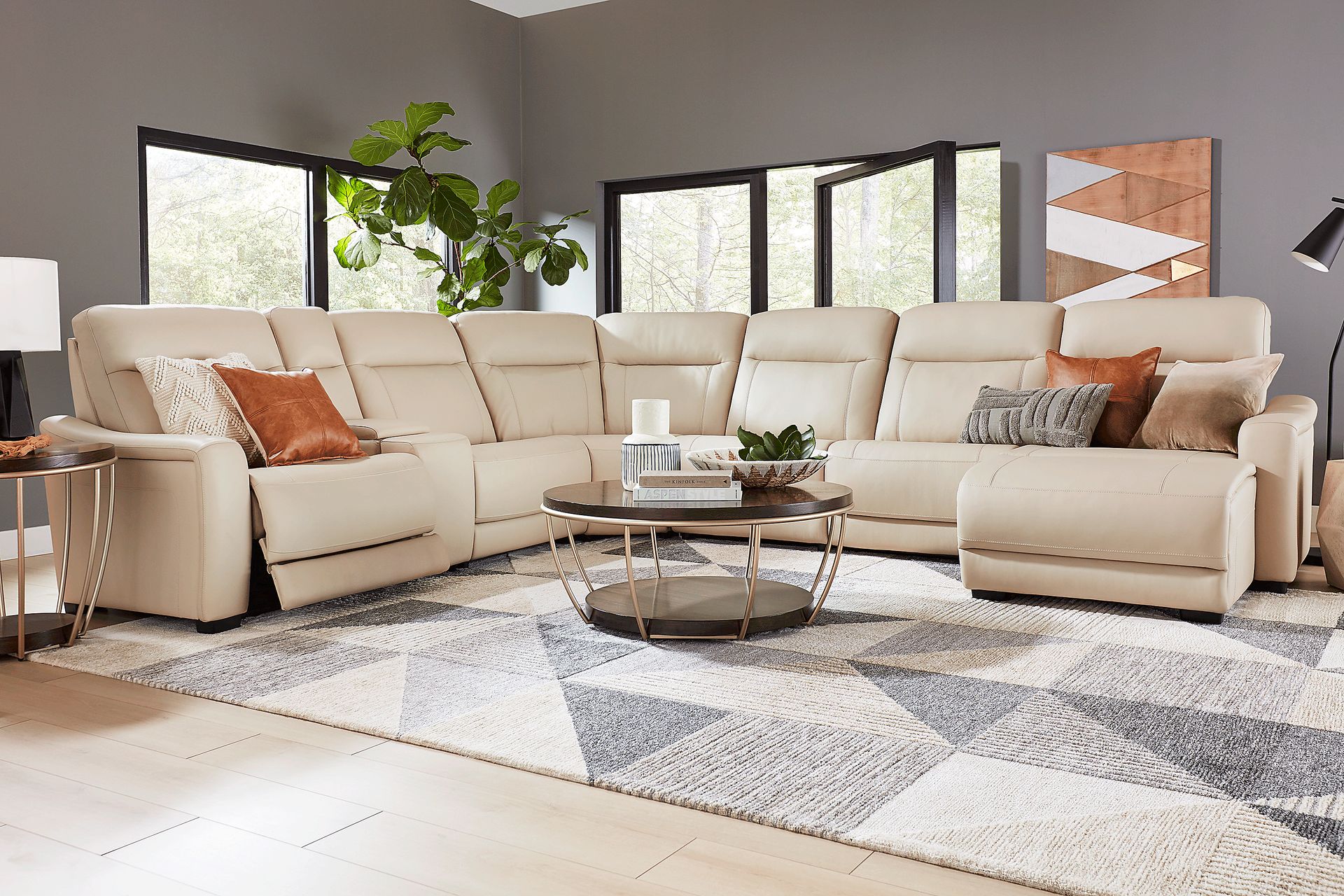Newport Almond Leather 7 Pc Dual Power Reclining Sectional - Image 2