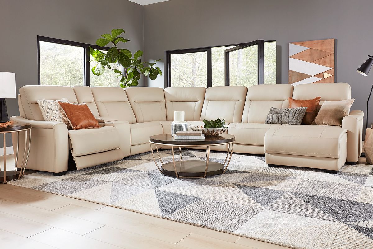 Newport 10 Pc Almond Beige Leather Dual Power Reclining Sectional ...