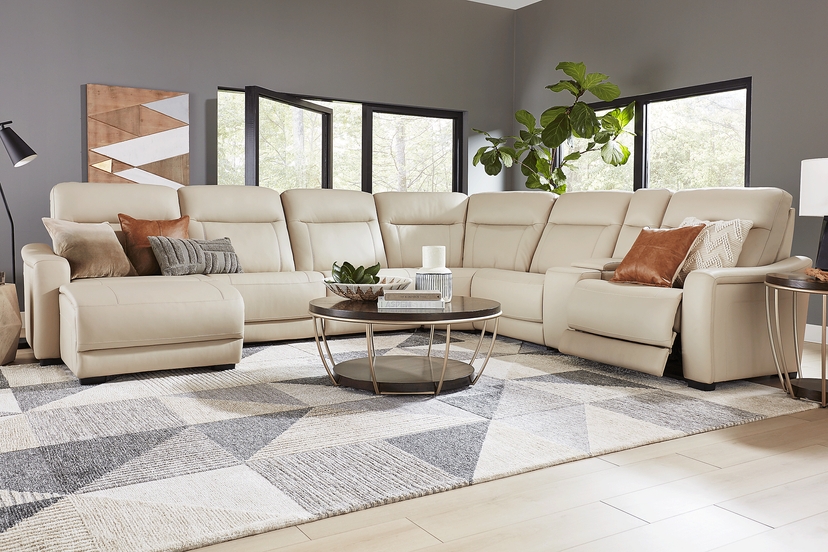 Newport Almond Leather 6 Pc Dual Power Reclining Sectional