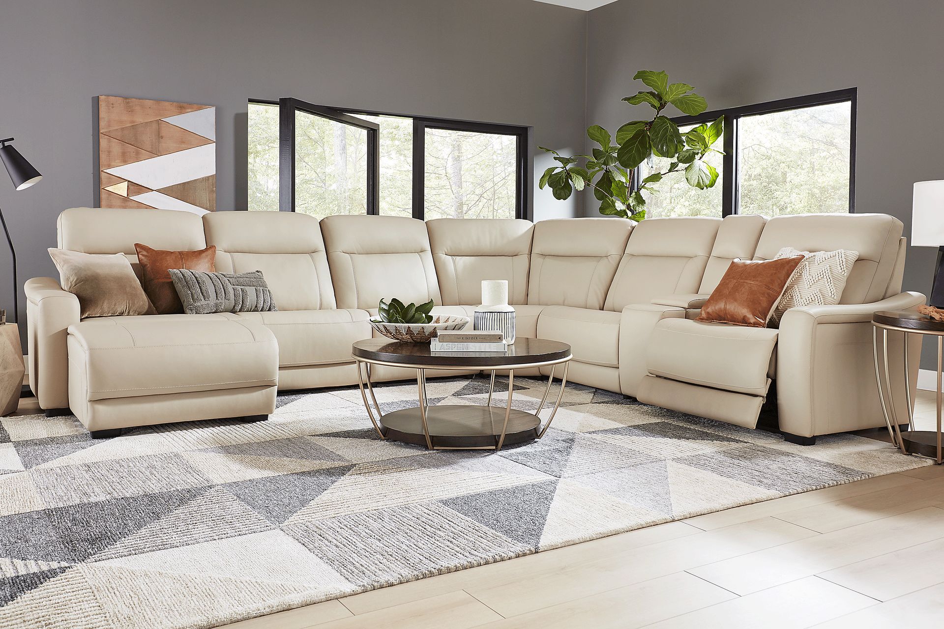 Newport Almond Leather 6 Pc Dual Power Reclining Sectional - Image 2