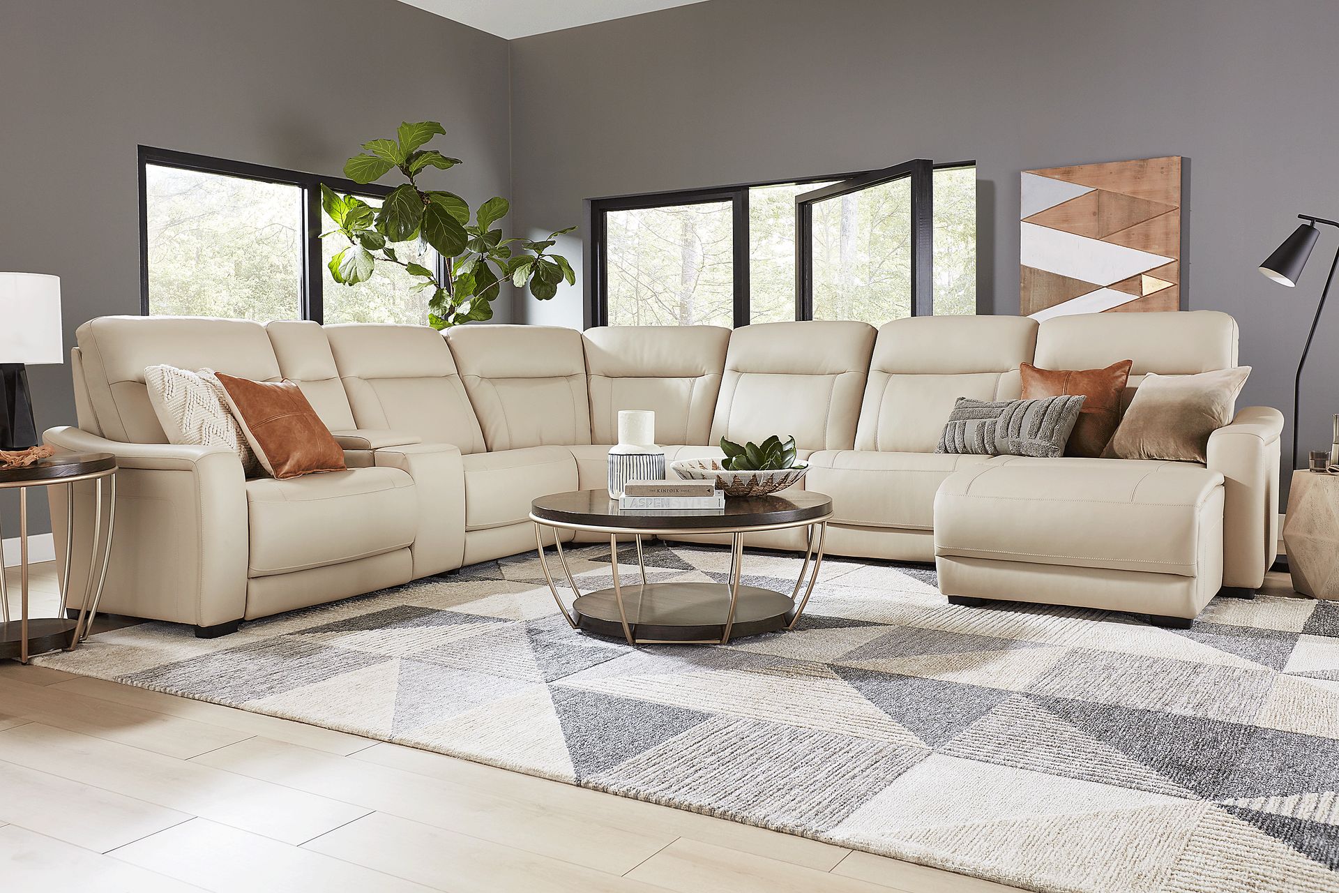 Newport Almond Leather 6 Pc Dual Power Reclining Sectional - Image 2