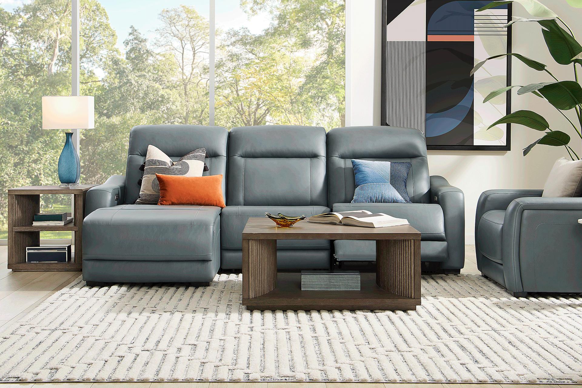 Newport Blue Leather 3 Pc Dual Power Reclining Sectional