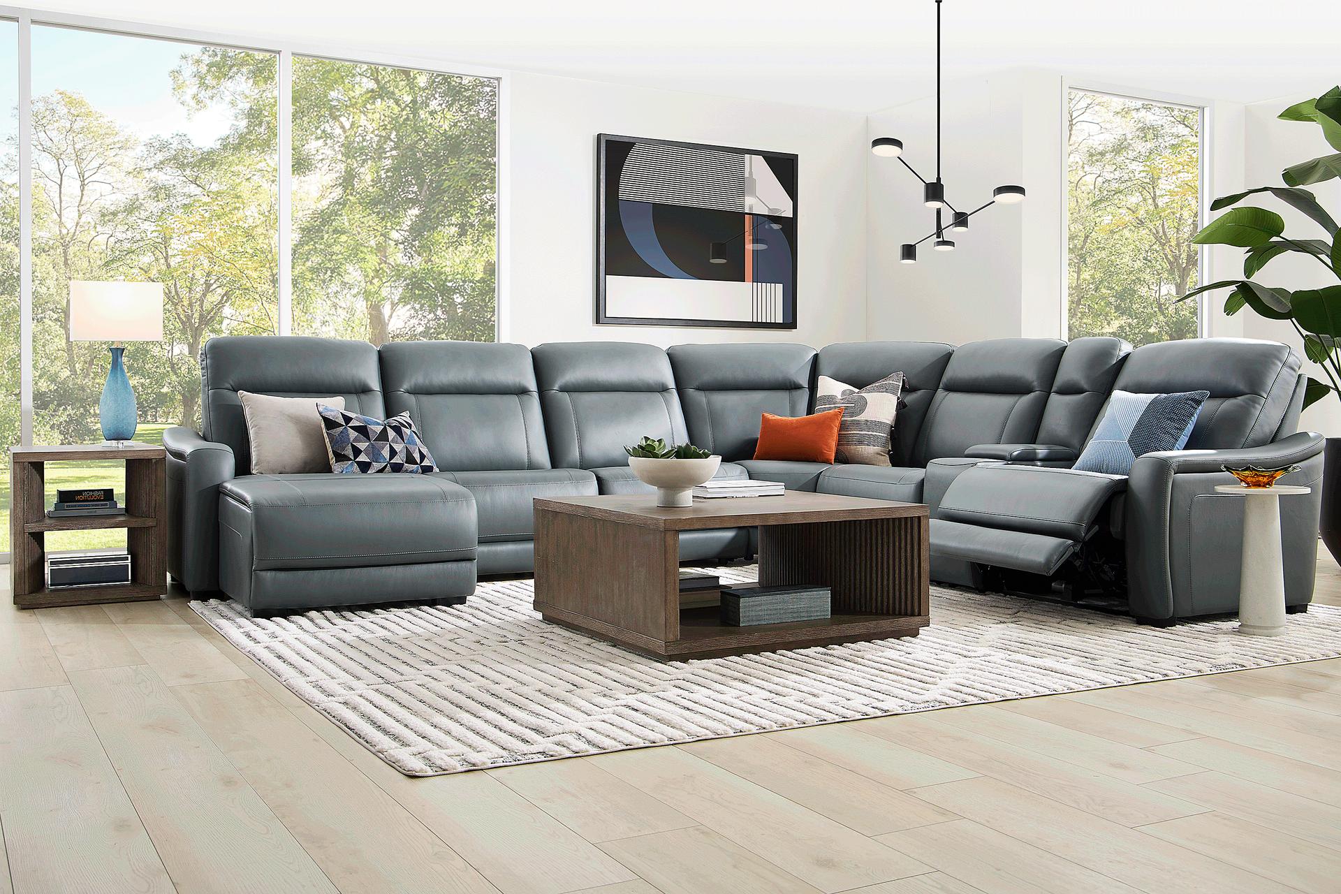 Newport Blue Leather 7 Pc Dual Power Reclining Sectional