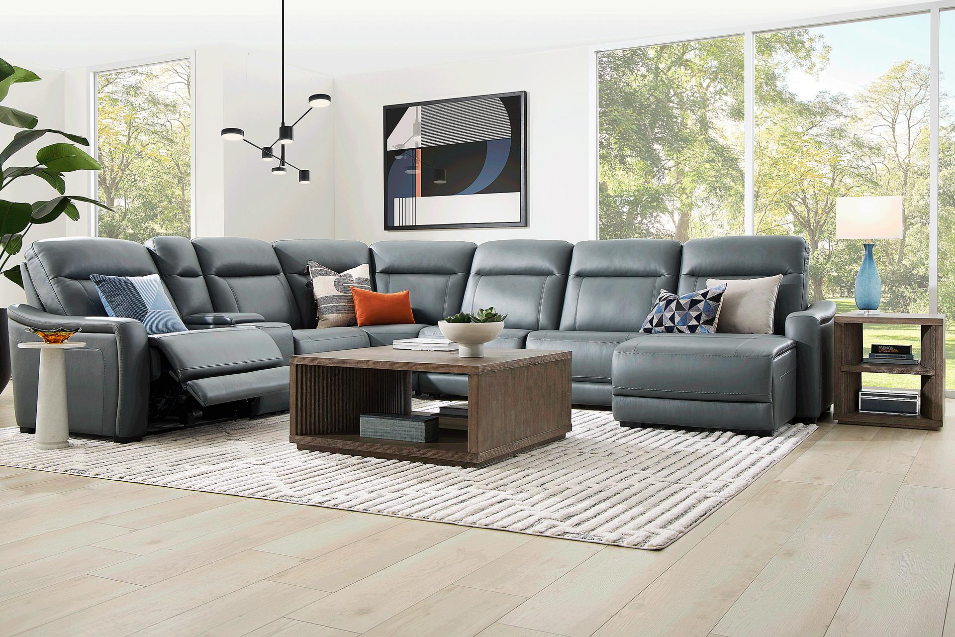 Newport Blue Leather 7 Pc Dual Power Reclining Sectional
