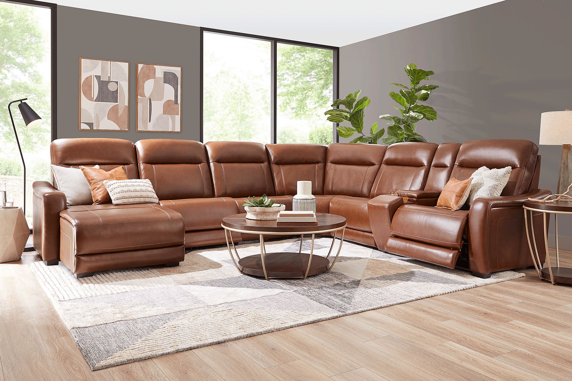 Newport Brown Leather 10 Pc Dual Power Reclining Sectional Living Room - Image 1