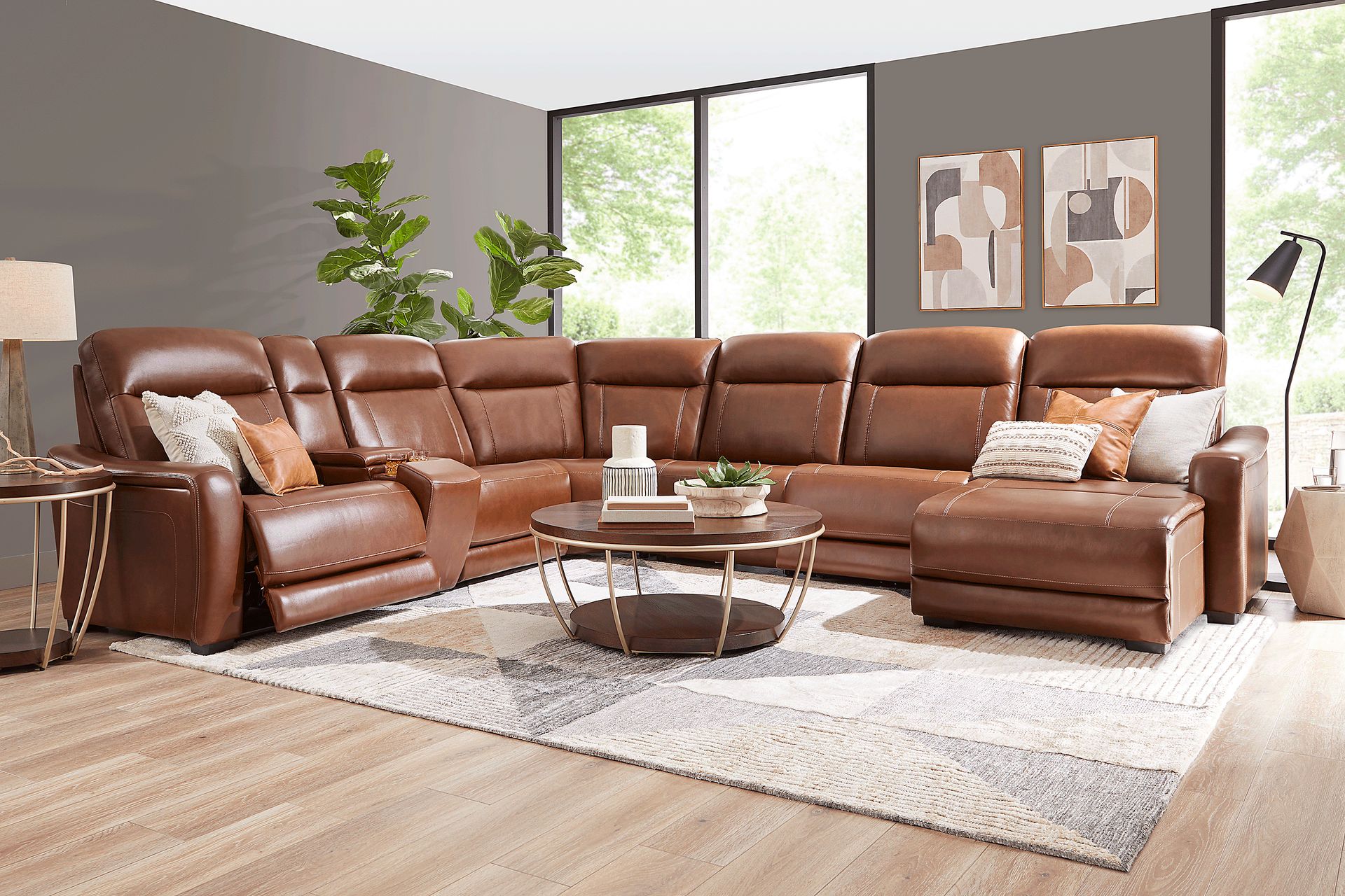 Newport Brown Leather 10 Pc Dual Power Reclining Sectional Living Room - Image 1