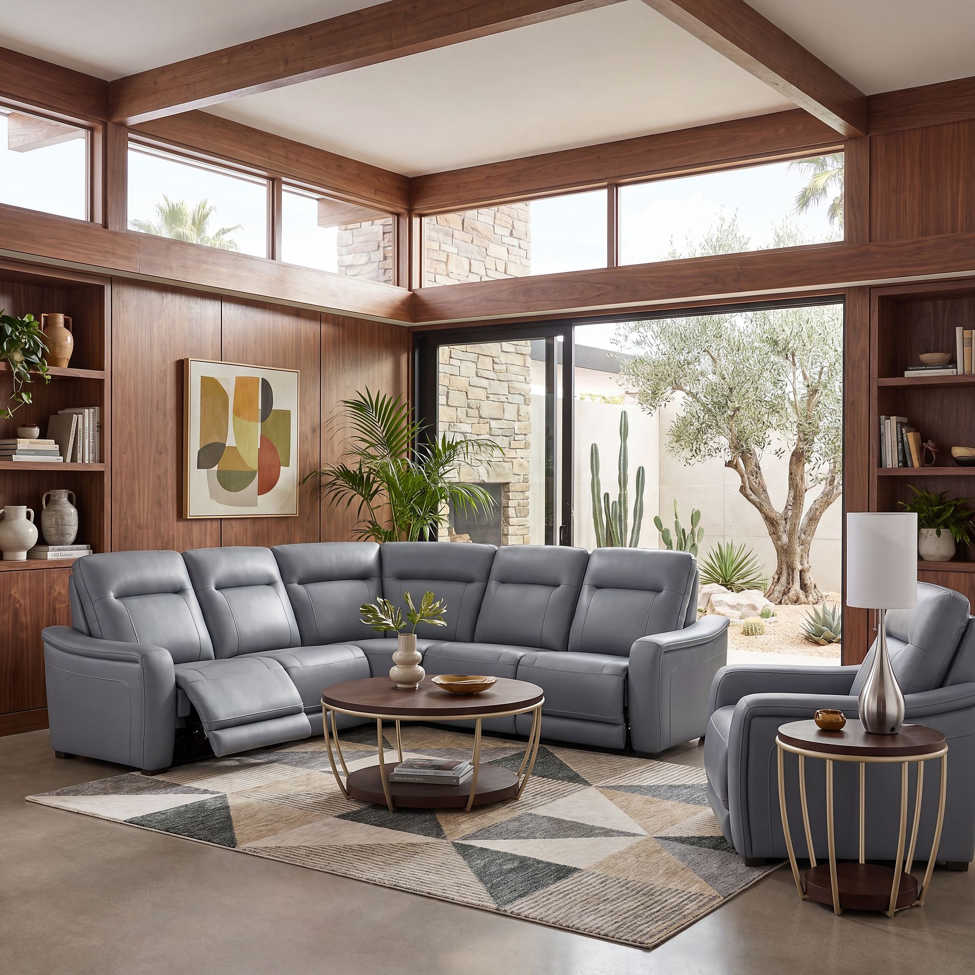 Newport Blue Leather 5 Pc Dual Power Reclining Sectional - Image 5