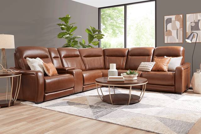 Newport Brown Leather 6 Pc Dual Power Reclining Sectional - Thumbnail - Image 2