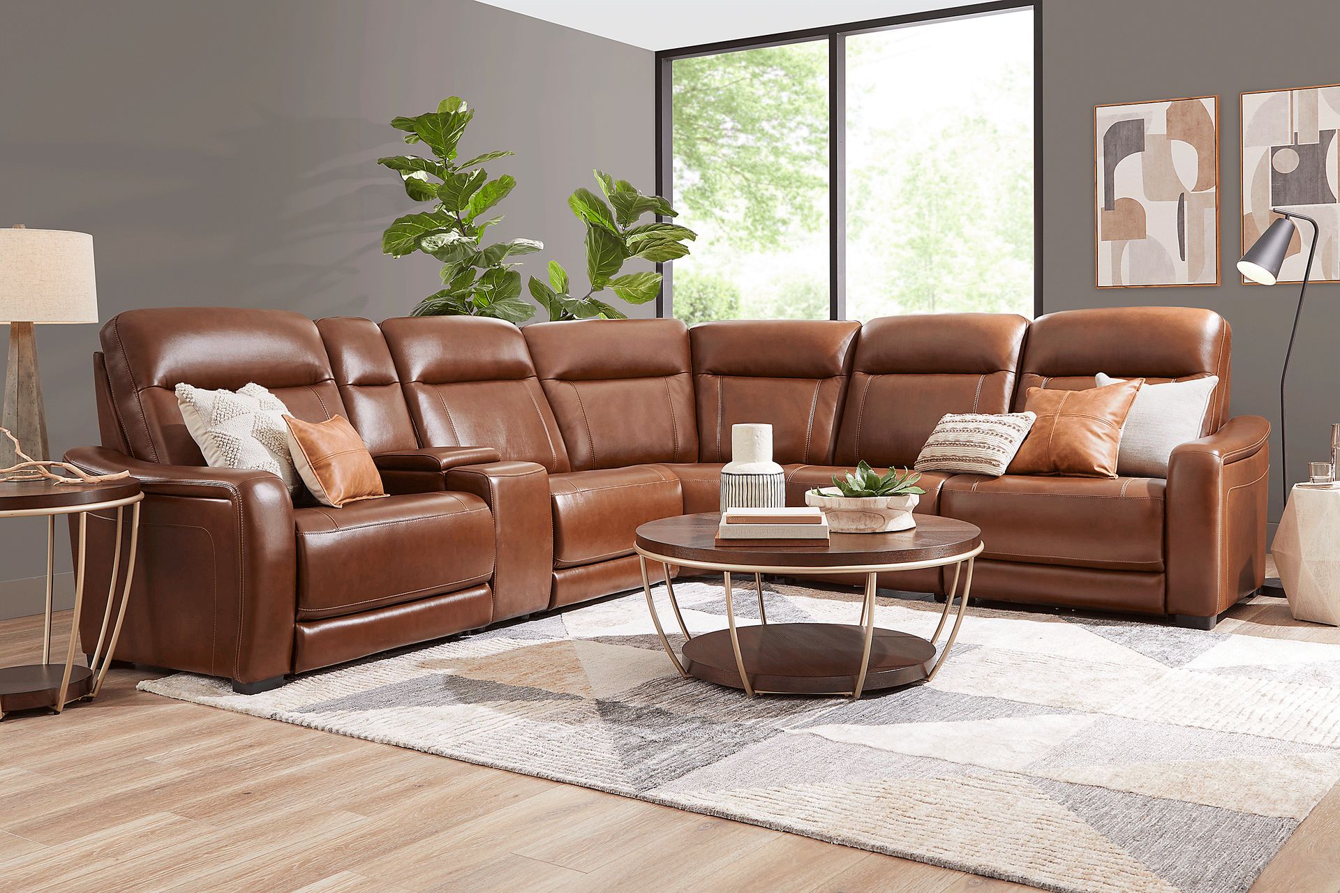 Newport Brown Leather 6 Pc Dual Power Reclining Sectional - Image 2