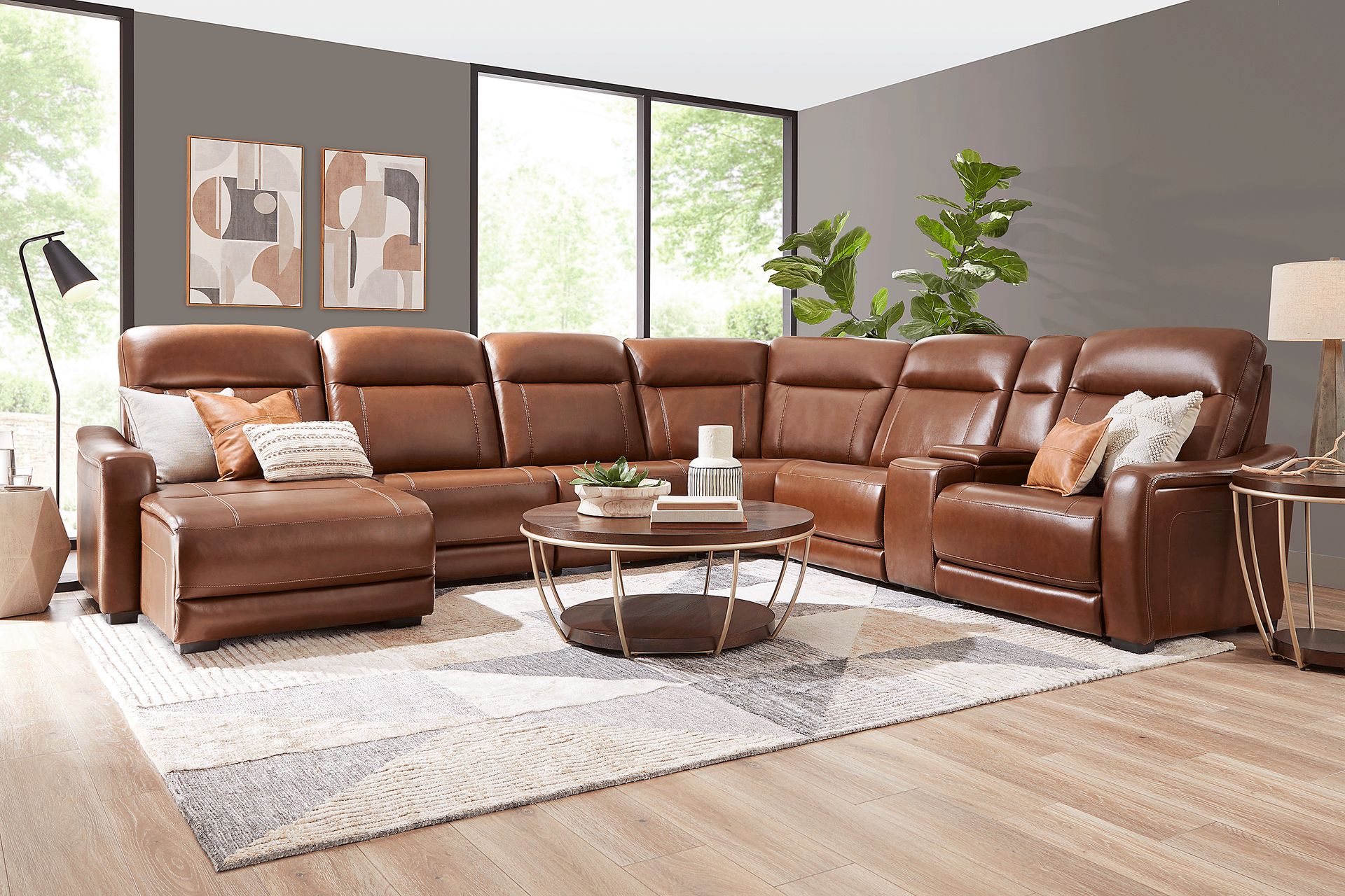 Newport Brown Leather 7 Pc Dual Power Reclining Sectional - Image 2