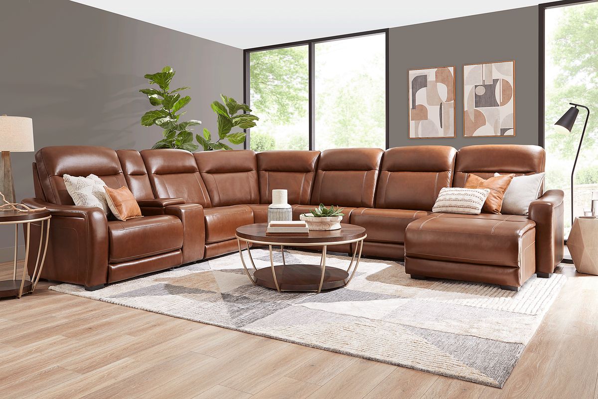 Drew & Jonathan Newport Brown Leather 7 Pc With Chaise Right Dual Power ...