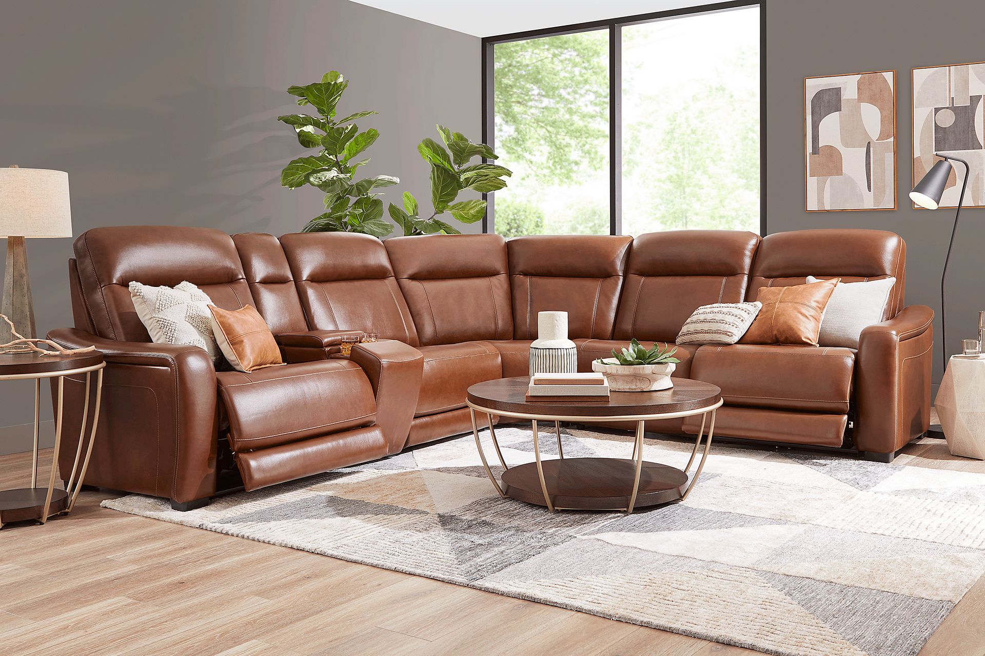 Newport Brown Leather 9 Pc Dual Power Reclining Sectional - Image 1