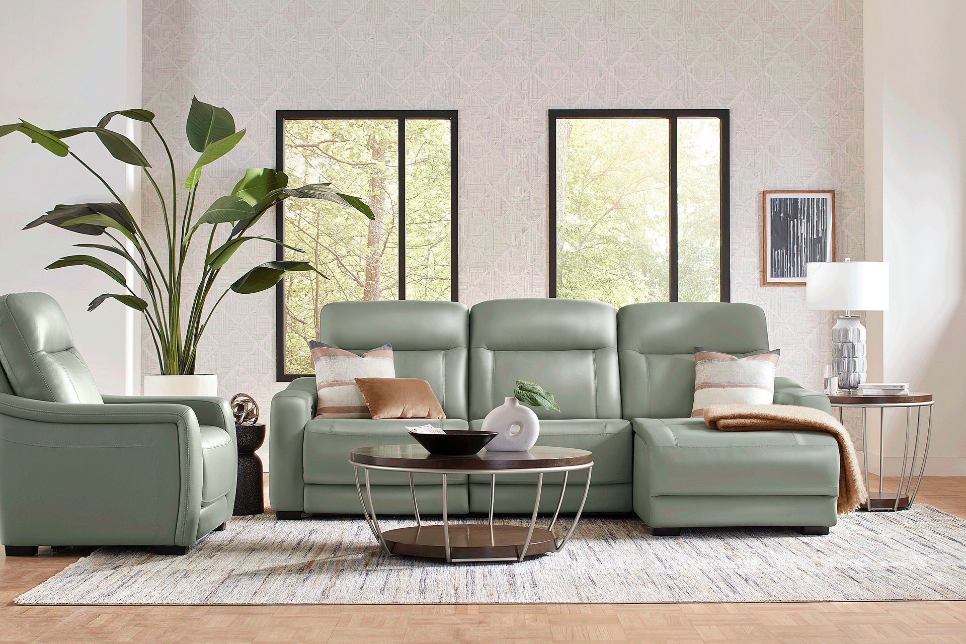 Newport Mint Leather 6 Pc Dual Power Reclining Sectional Living Room - Image 1